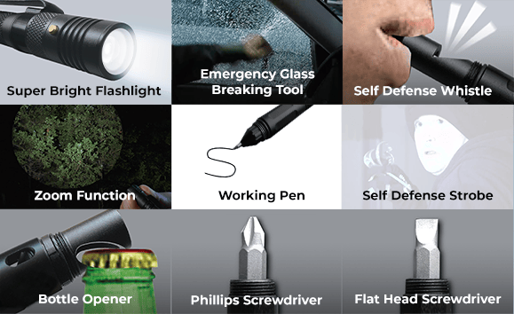 Super bright flashlight, emergency glass breaking tool, self defense whistle, zoom function, working pen, self defense strobe, bottle opener, phillips screwdriver, and flat head screwdriver.